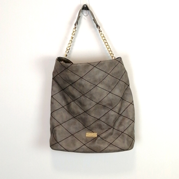BCBG Handbags - BCBG Quilted Leather Bucket Bag Gray